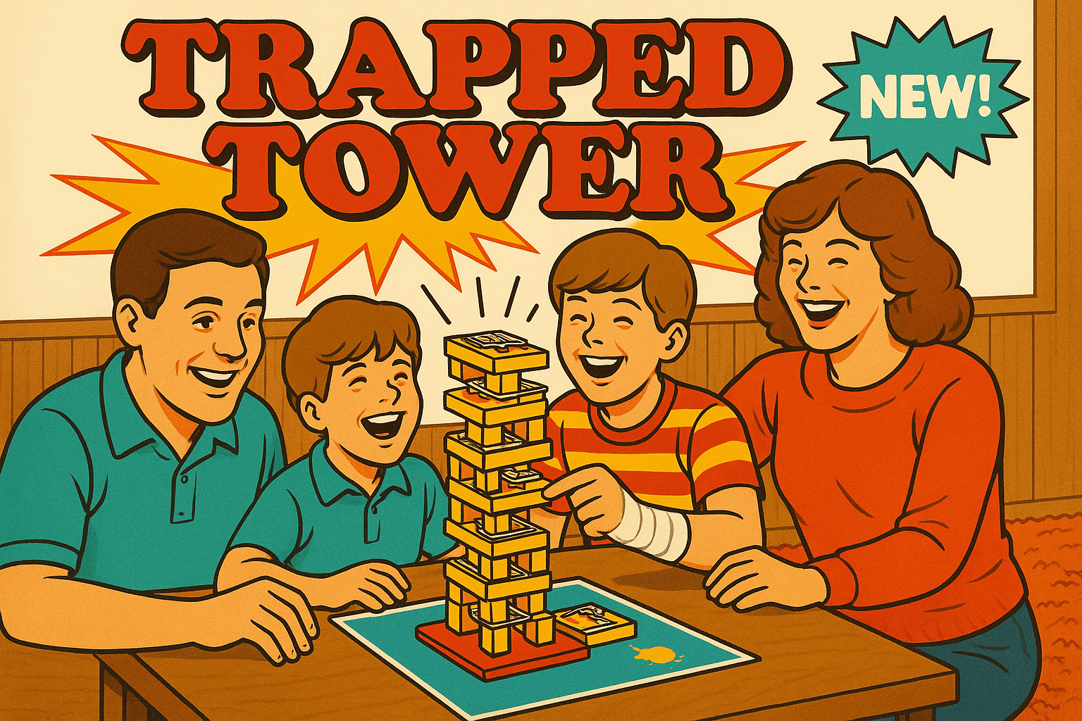 A mid-80s American family gathered around a wood-paneled rec-room table playing Mousetrap Jenga